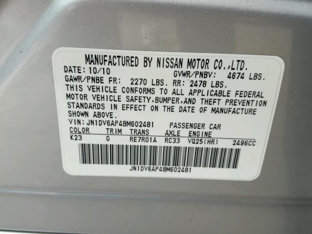 JN1DV6AP4BM602481 - 2011 INFINITI G25 BASE SILVER photo 10