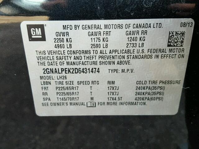 2GNALPEK2D6431474 - 2013 CHEVROLET EQUINOX LT BLACK photo 10