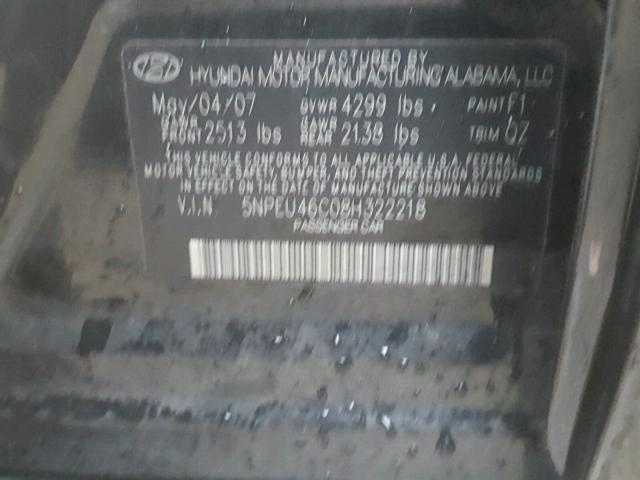 5NPEU46C08H322218 - 2008 HYUNDAI SONATA SE BLACK photo 10