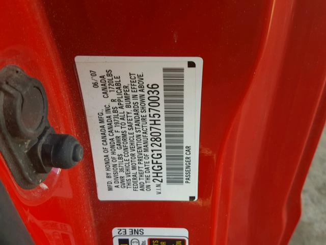 2HGFG12807H570036 - 2007 HONDA CIVIC EX RED photo 10