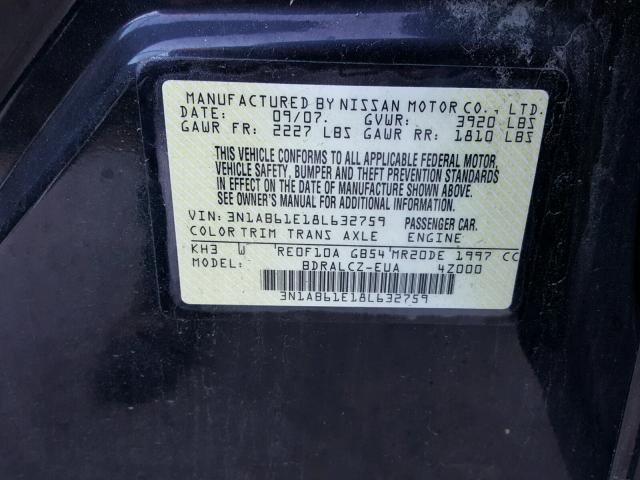 3N1AB61E18L632759 - 2008 NISSAN SENTRA BLACK photo 10