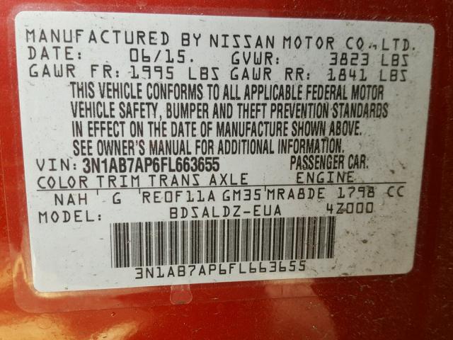 3N1AB7AP6FL663655 - 2015 NISSAN SENTRA S RED photo 10