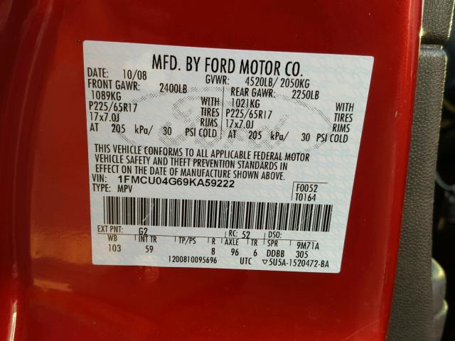 1FMCU04G69KA59222 - 2009 FORD ESCAPE LIM MAROON photo 10