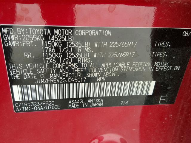 JTMZFREV2GJ095017 - 2016 TOYOTA RAV4 LE RED photo 10