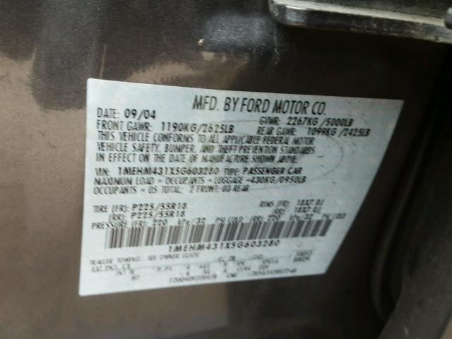 1MEHM431X5G603280 - 2005 MERCURY MONTEGO PR GRAY photo 10