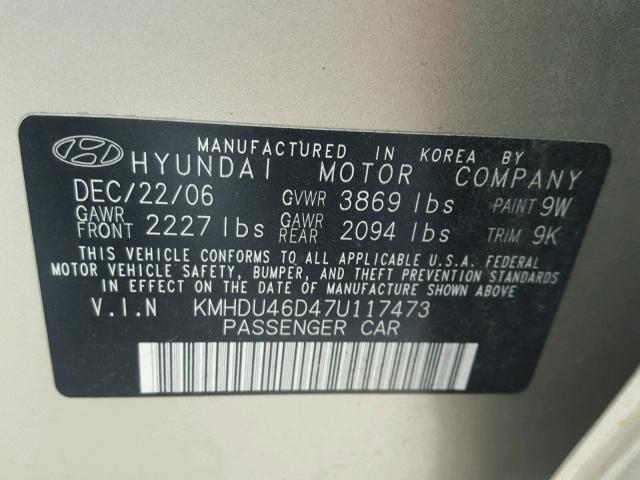 KMHDU46D47U117473 - 2007 HYUNDAI ELANTRA GL BEIGE photo 10