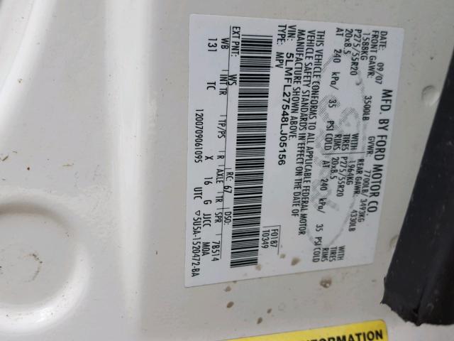 5LMFL27548LJ05156 - 2008 LINCOLN NAVIGATOR Biały zdjęcie 10