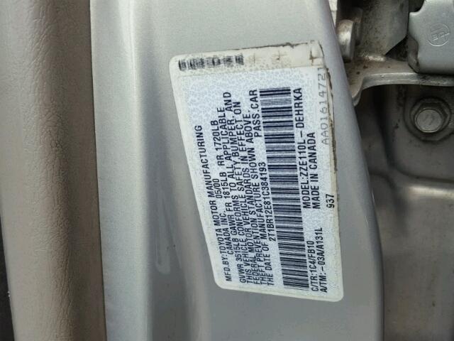 2T1BR12E81C384193 - 2001 TOYOTA COROLLA CE SILVER photo 10