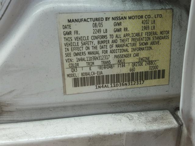 1N4AL11D36N312317 - 2006 NISSAN ALTIMA S WHITE photo 10