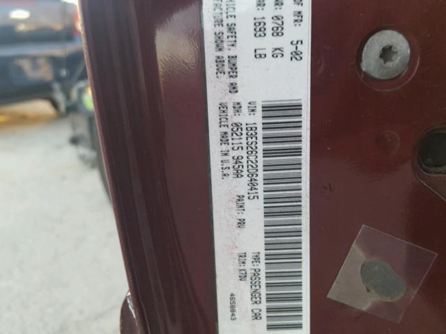 1B3ES26C22D640415 - 2002 DODGE NEON MAROON photo 10