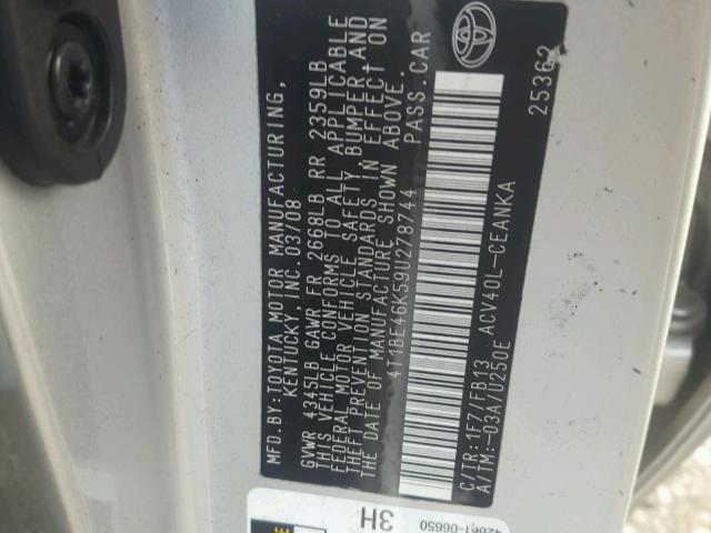 4T1BE46K59U278744 - 2009 TOYOTA CAMRY BASE ვერცხლისფერი ფოტო 10