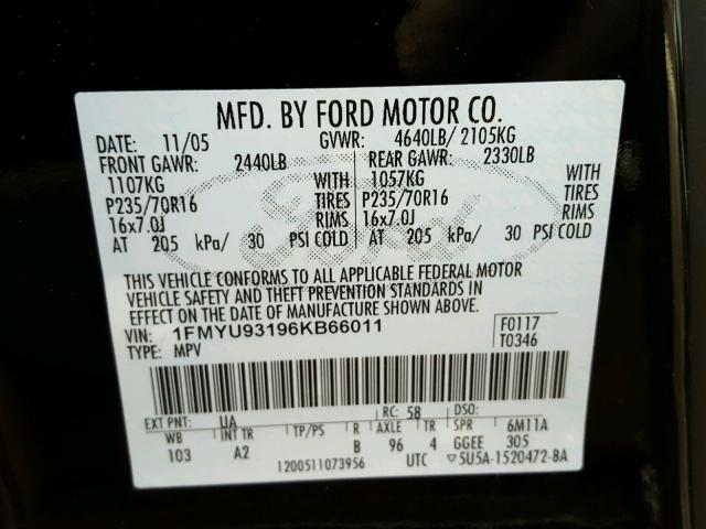 1FMYU93196KB66011 - 2006 FORD ESCAPE BLACK photo 10