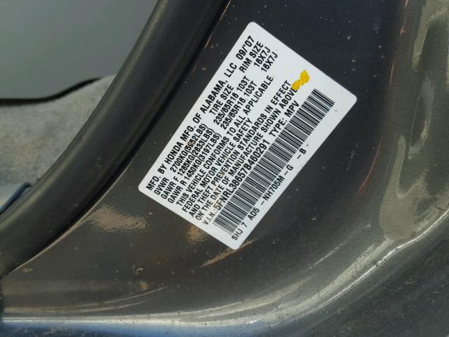 5FNRL38657B460291 - 2007 HONDA ODYSSEY EX GRAY photo 10