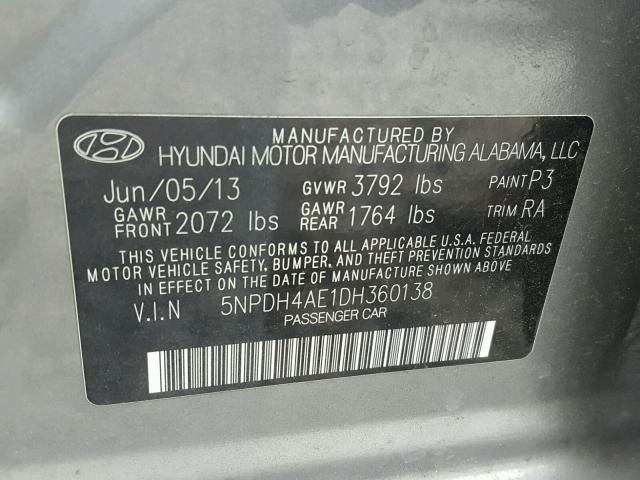 5NPDH4AE1DH360138 - 2013 HYUNDAI ELANTRA GL SILVER photo 10