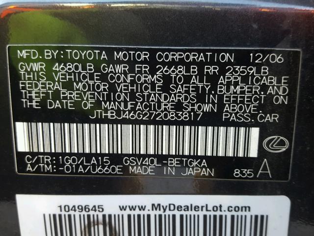 JTHBJ46G272083817 - 2007 LEXUS ES BLACK photo 10