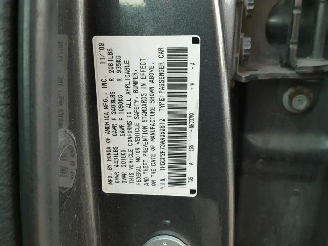 1HGCP2F73AA052812 - 2010 HONDA ACCORD EX GRAY photo 10