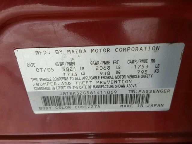 JM1BK32G561411069 - 2006 MAZDA 3 I RED photo 10