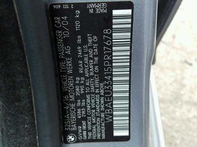 WBAEU33415PR17678 - 2005 BMW 325 XI GRAY photo 10