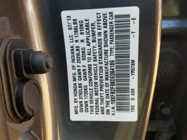 19XFB2F98DE064189 - 2013 HONDA CIVIC EXL رمادي صورة 10