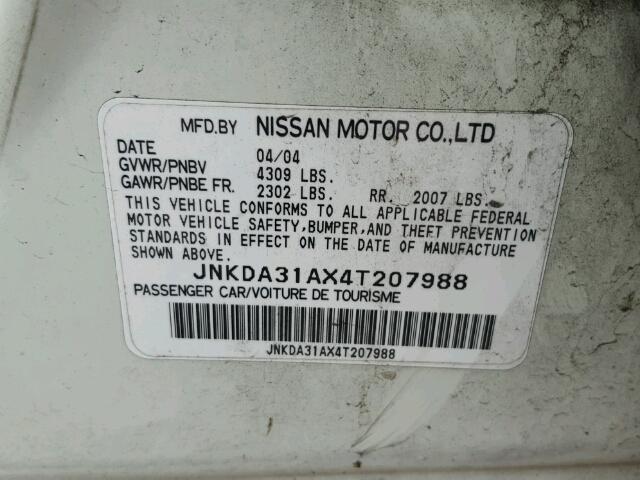 JNKDA31AX4T207988 - 2004 INFINITI I35 WHITE photo 10