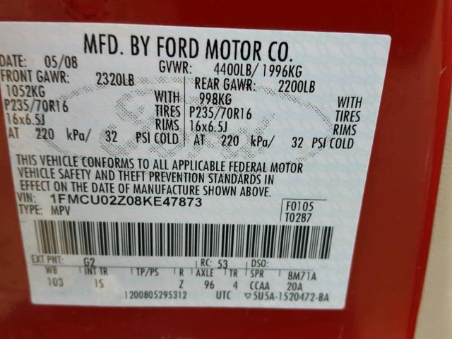 1FMCU02Z08KE47873 - 2008 FORD ESCAPE XLS RED photo 10