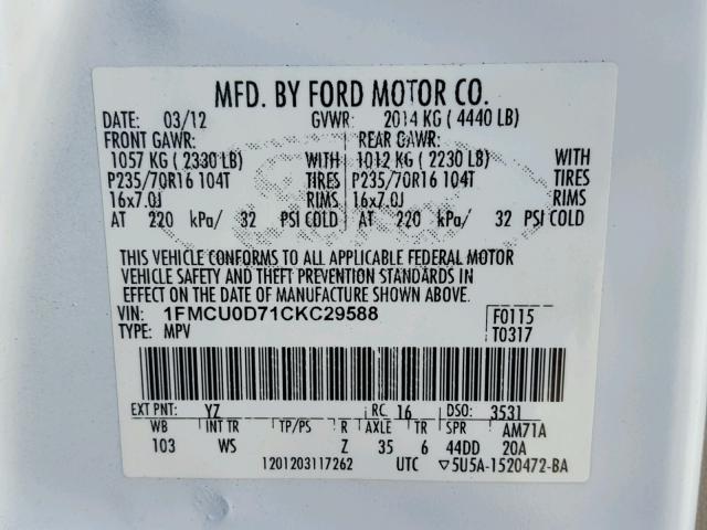 1FMCU0D71CKC29588 - 2012 FORD ESCAPE XLT WHITE photo 10