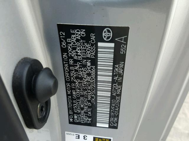 JTKJF5C72D3048864 - 2013 TOYOTA SCION TC 银色 照片 10