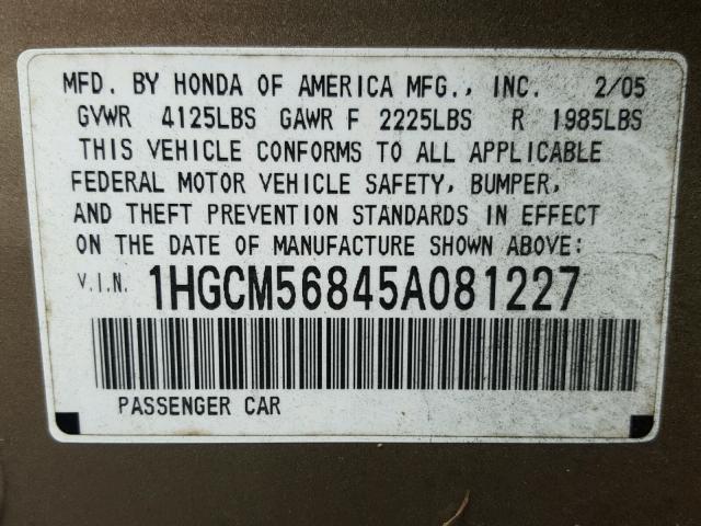 1HGCM56845A081227 - 2005 HONDA ACCORD EX GOLD photo 10