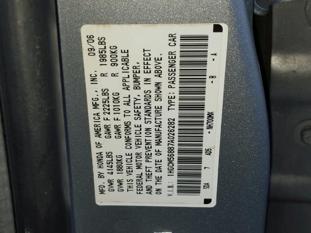 1HGCM56887A026282 - 2007 HONDA ACCORD EX SILVER photo 10