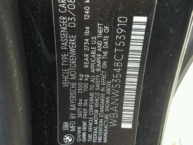 WBANW53548CT53910 - 2008 BMW 550 I BLACK photo 10