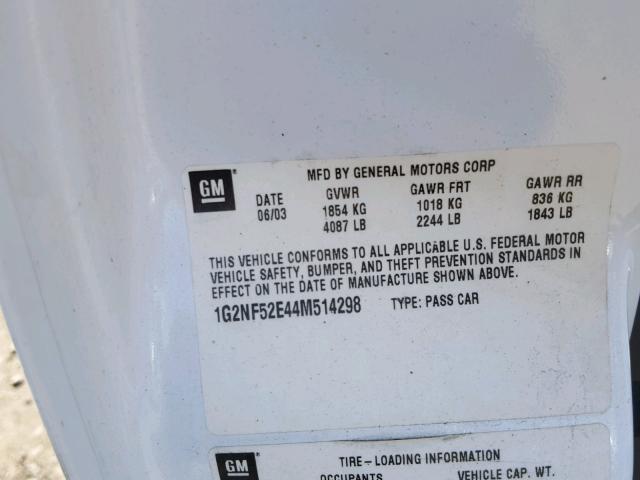 1G2NF52E44M514298 - 2004 PONTIAC GRAND AM S WHITE photo 10