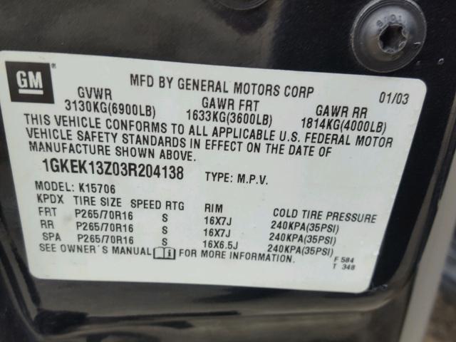 1GKEK13Z03R204138 - 2003 GMC YUKON GRAY photo 10