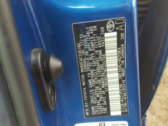 2T1BU4EE7AC525766 - 2010 TOYOTA COROLLA BLUE photo 10