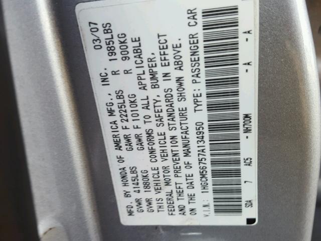 1HGCM56757A134950 - 2007 HONDA ACCORD EX SILVER photo 10