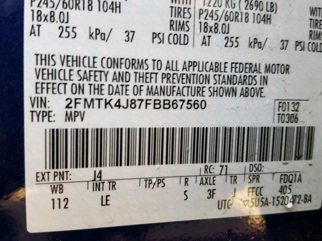 2FMTK4J87FBB67560 - 2015 FORD EDGE SEL BLUE photo 10