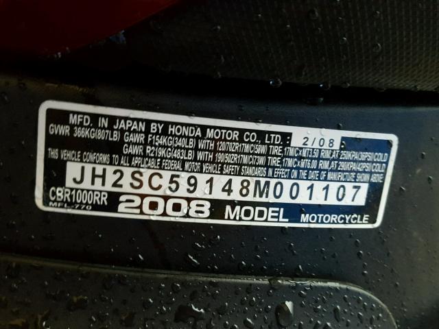 JH2SC59148M001107 - 2008 HONDA CBR1000 RED photo 10