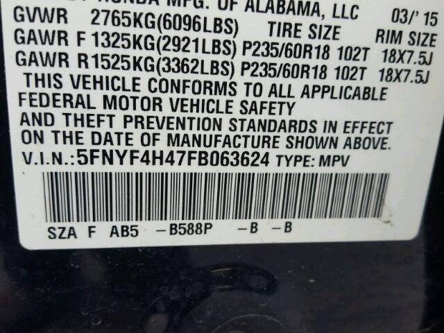 5FNYF4H47FB063624 - 2015 HONDA PILOT EX BLUE photo 10