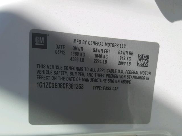 1G1ZC5E08CF381353 - 2012 CHEVROLET MALIBU 1LT WHITE photo 10