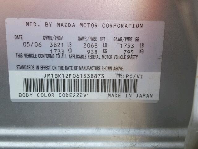 JM1BK12F061538873 - 2006 MAZDA 3 I SILVER photo 10