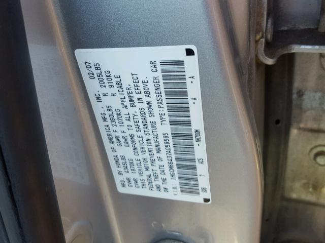 1HGCM66437A059595 - 2007 HONDA ACCORD SE SILVER photo 10