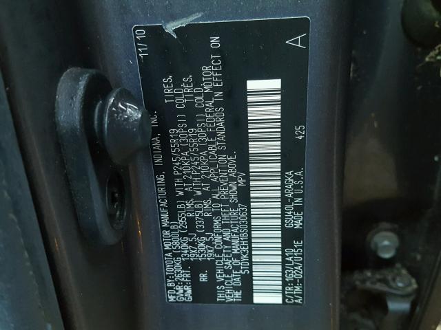 5TDYK3EH1BS030637 - 2011 TOYOTA HIGHLANDER CHARCOAL photo 9