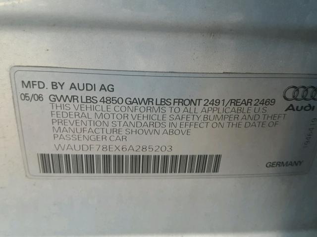 WAUDF78EX6A285203 - 2006 AUDI A4 2.0T QU SILVER photo 10