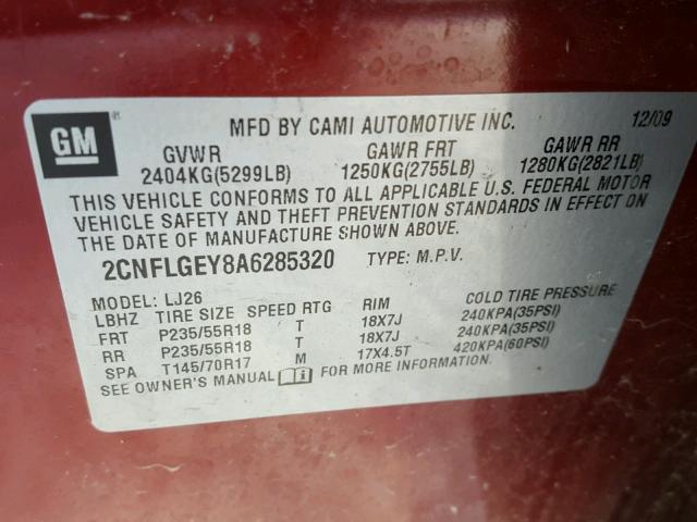 2CNFLGEY8A6285320 - 2010 CHEVROLET EQUINOX LT RED photo 10