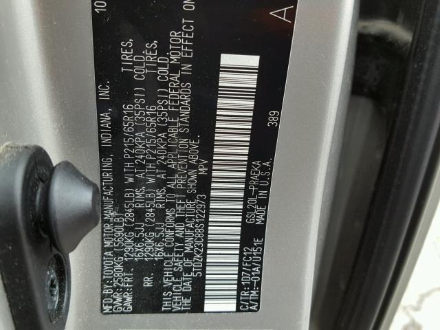 5TDZK23C88S122973 - 2008 TOYOTA SIENNA CE SILVER photo 10