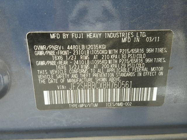 JF2SHBBCXBH760561 - 2011 SUBARU FORESTER 2 BLUE photo 10