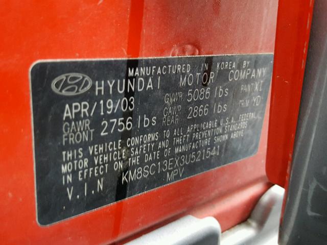 KM8SC13EX3U521541 - 2003 HYUNDAI SANTA FE G RED photo 10