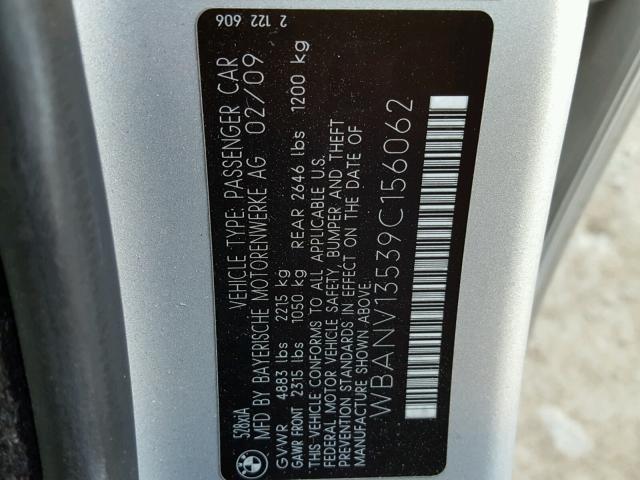 WBANV13539C156062 - 2009 BMW 528 XI SILVER photo 10