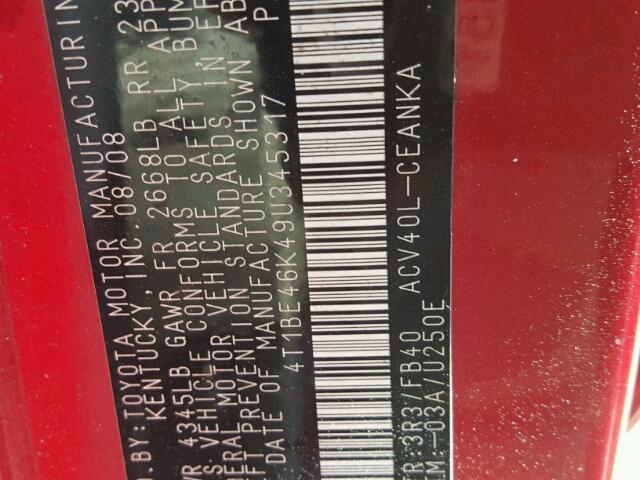 4T1BE46K49U345317 - 2009 TOYOTA CAMRY BASE MAROON photo 10