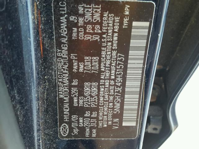 5NMSH73E49H315737 - 2009 HYUNDAI SANTA FE S BLUE photo 10