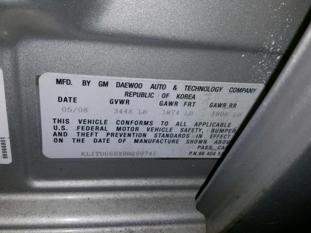 KL1TD66EX9B299741 - 2009 CHEVROLET AVEO LS SILVER photo 10